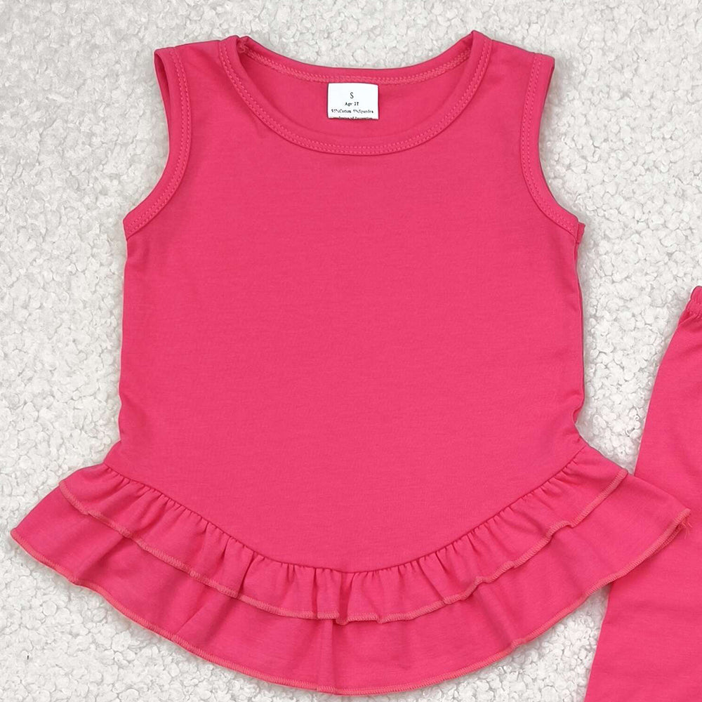 GSPO2009RTS NO MOQ Baby Girls Spring Outfits Kids Girls Hot Pink Sleeveless Ruffle Top Pants Set - Elegant Casual Outfit for Young Fashionistas