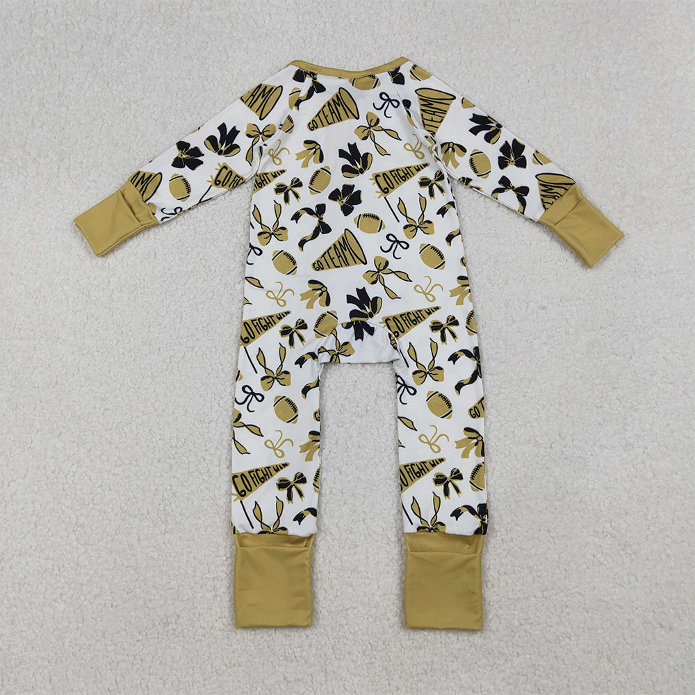 RTS NO MOQ (In stock)LR2515 Baby Girls Winter Rompers Golden Bows Footballs Ruffle Zipper Team Rompers