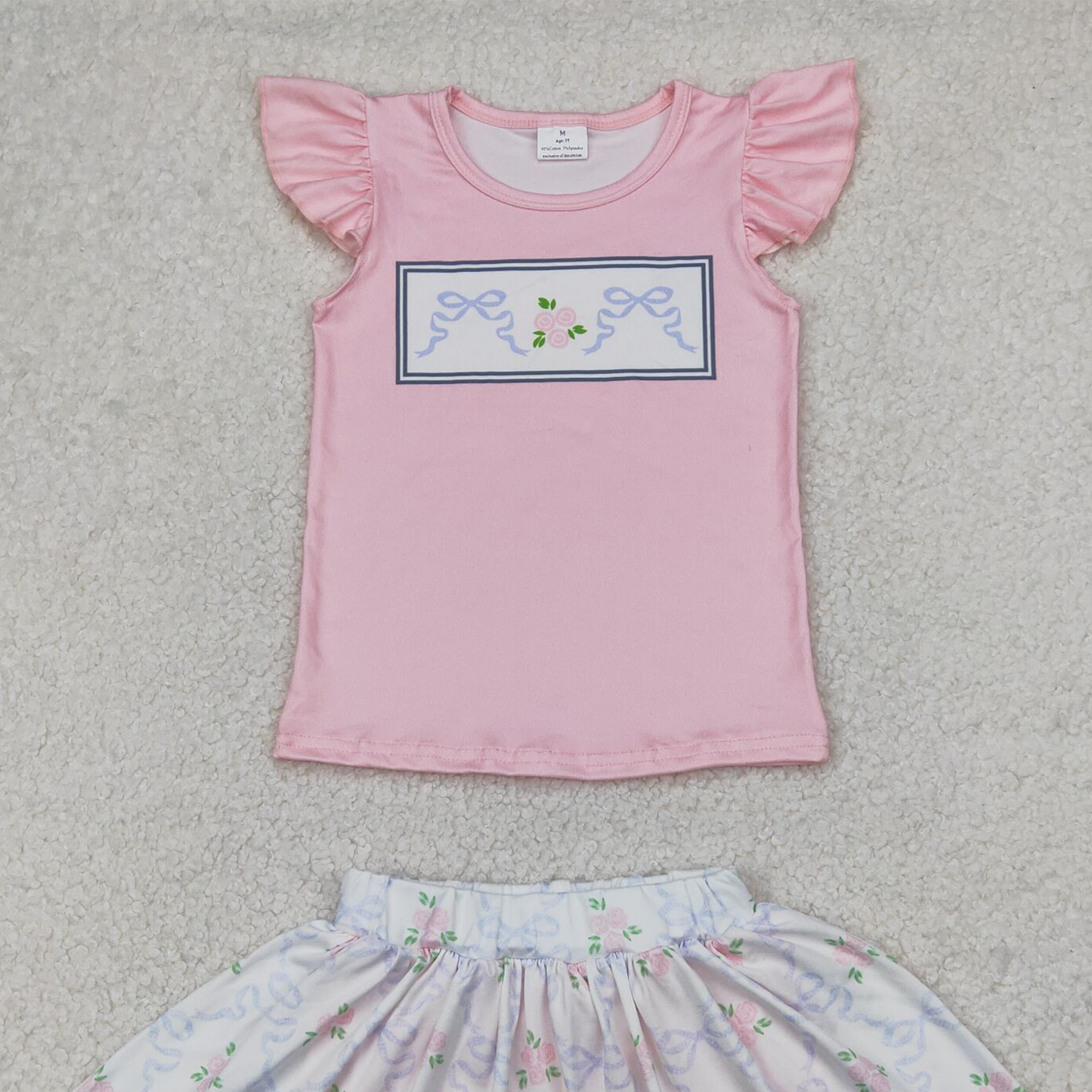 4.09 GSD2298 RTS NO MOQ Baby Girls Skirt Sets Baby Girls Summer Outfits Flutter sleeves floral bow top skirt kids girls clothes