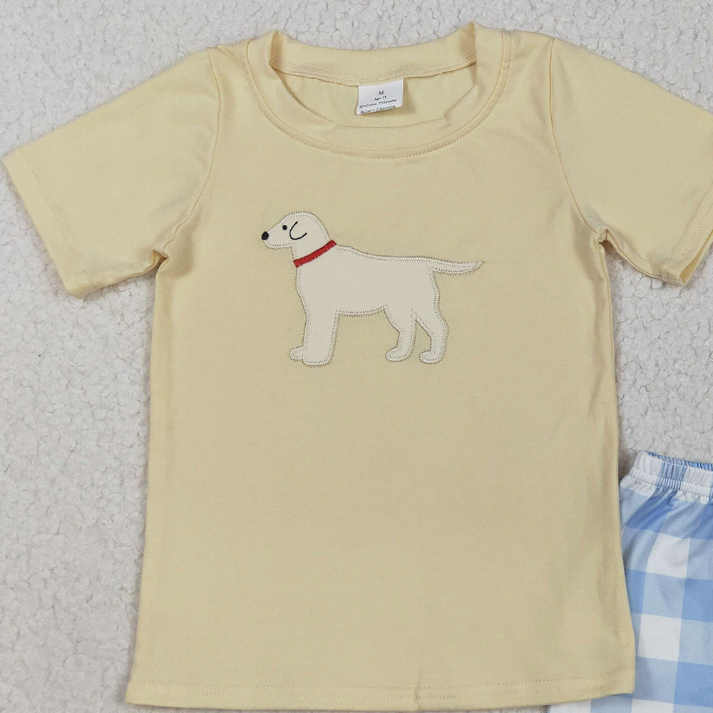 BSSO1058RTS NO MOQ Baby Boys Summer Boys Outfits Baby Boys Yellow Dog Top Checkered Shorts Clothes Sets Preorder
