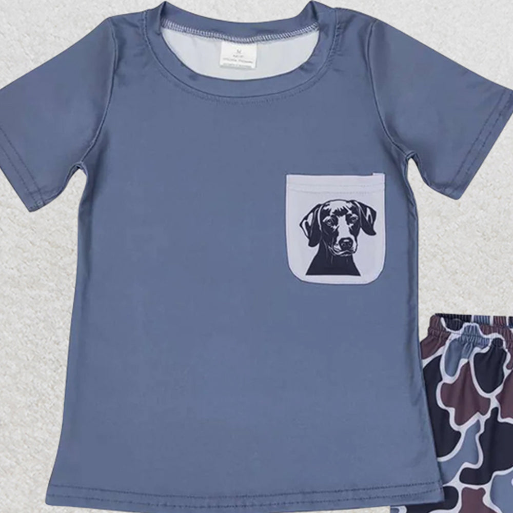 USA Shop (in stock) BSSO0304 Baby Boys Summer Boys Outfits Baby Boys Hot Blue Short Sleeves Dog Pocket Top Camo Short Western Set