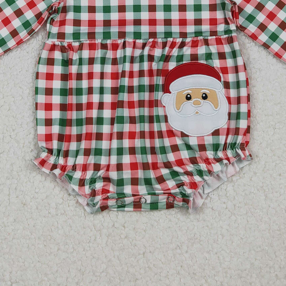 10.11 RTS NO MOQ (In stock)LR2357 Baby Girls Winter Rompers Embroidery Santa Baby Girls Red Green Checked Ruffle Collar Rompers