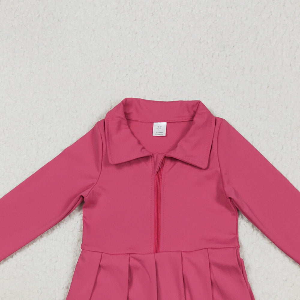 RTS NO MOQ (In stock)GLD1146 Baby Girls Yoga Dress Baby Girls Hotpink Long Sleeves Zipper Yoga Pleated Knee Length Dresses