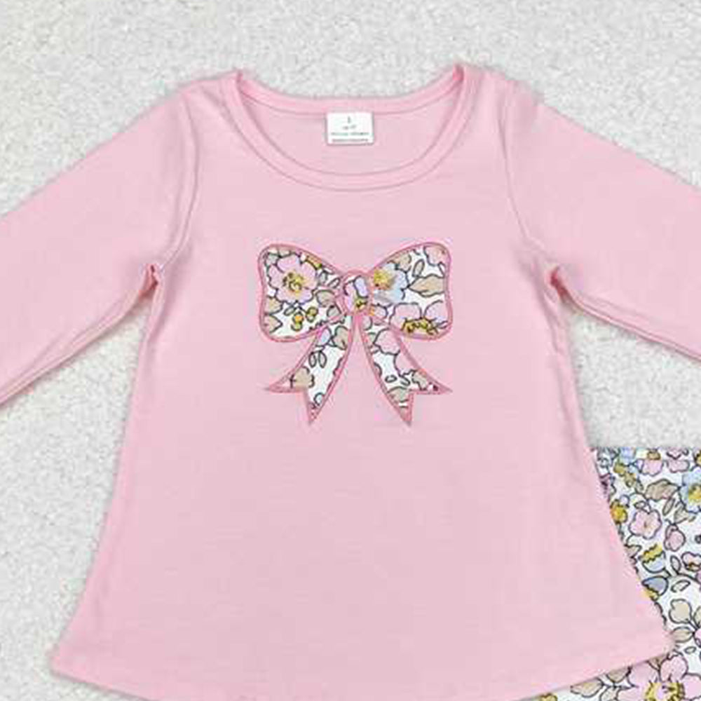 4.14 GLP1836 RTS NO MOQ Pink bow tunic floral ruffle pants girls clothing set