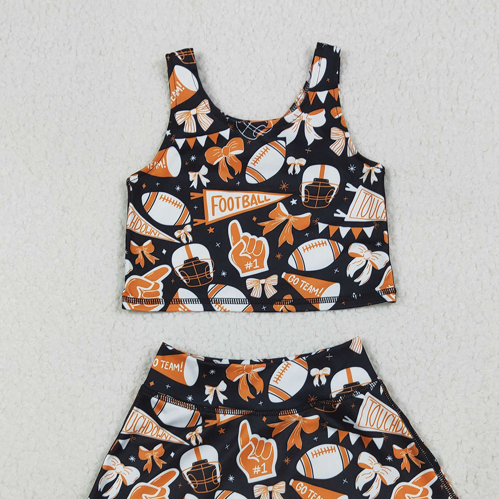 USA Shop (in stock) GSD2687 Baby Girls Yoga Outfits Baby Girls Team Orange Football Bows Vest Top Short Skirts Yoga Sets