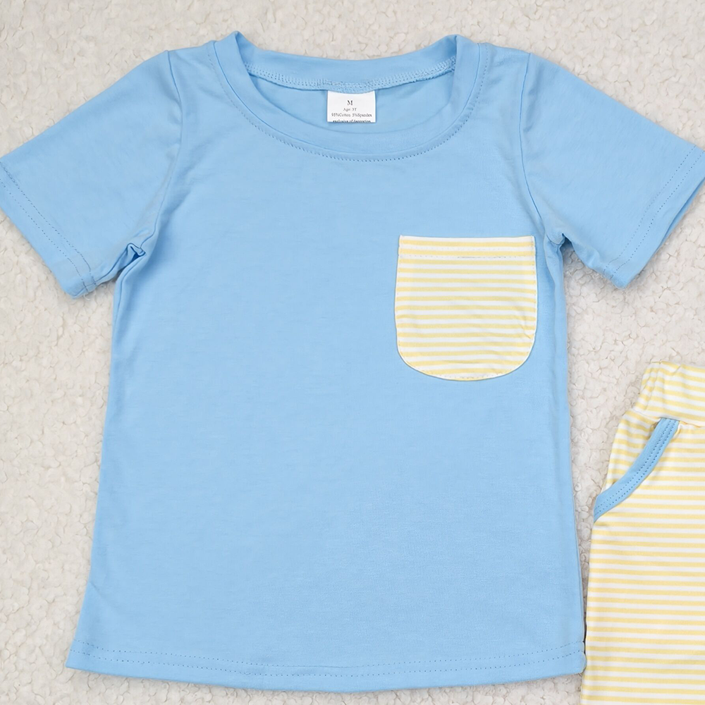4.11 BSSO1393 RTS NO MOQ Baby Boys Summer Boys Outfits Baby Boys Blue Short Sleeves Pocket Top Yellow Stripe Pockets Short Set