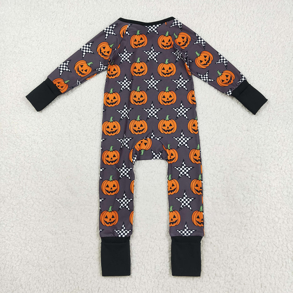 RTS NO MOQ (In stock)LR2464 Baby Boys Winter Rompers Baby Boys Halloween Stars Pumpkins Zipper Footie Rompers