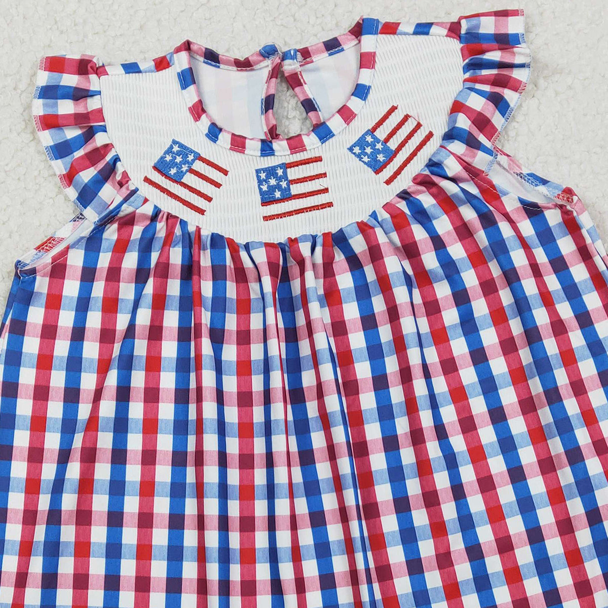 2.2 RTS NO MOQ (In stock)GSD3506 Baby Girls Smocked Flags Red Blue Checked 4th Of July Knee Length Dresses