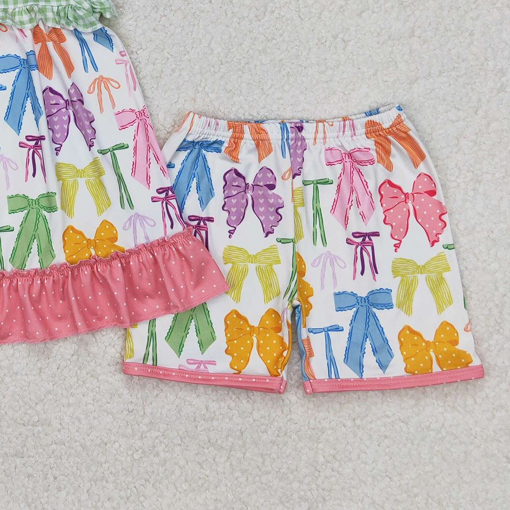 4.17 GSSO2089 RTS NO MOQ Colorful bow pattern polka dot lace green plaid sleeveless shorts set