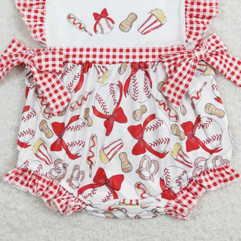 SR0848 RTS NO MOQ Red plaid flutter sleeves baseball baby girls romper