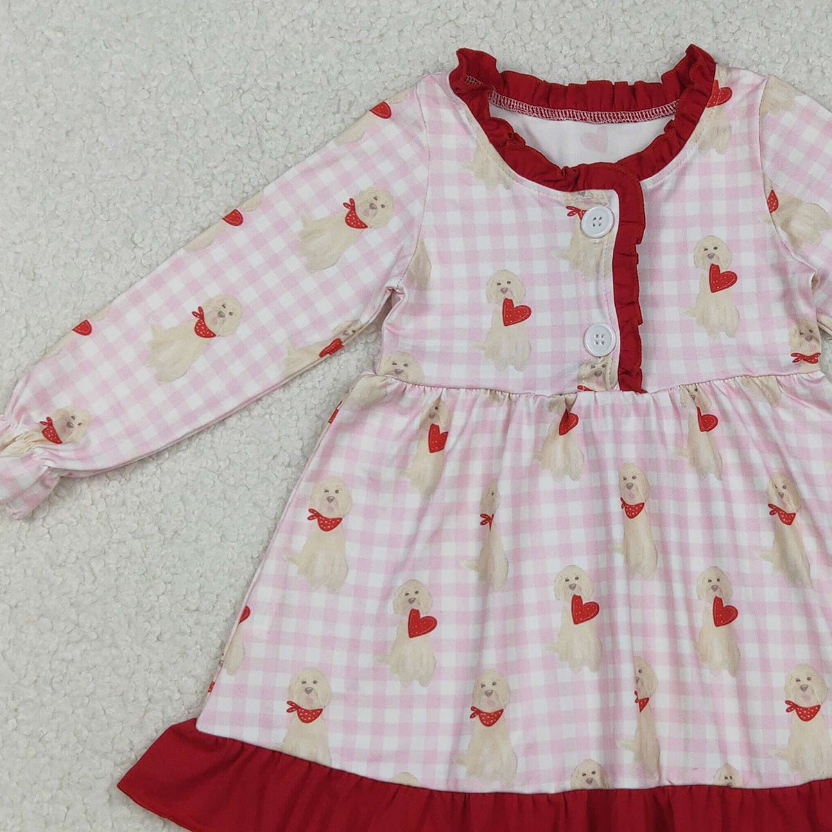 10.21 RTS NO MOQ (In stock)GLD1322 Baby Girls Winter Dress Baby Girls Pink Checked Dogs Hearts Button Ruffle Valentine Knee Length Dress