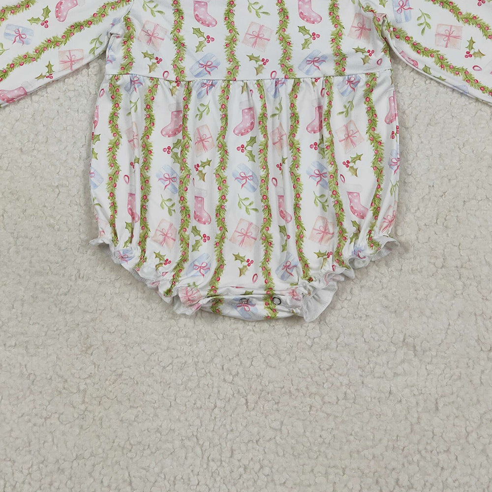 RTS NO MOQ (In stock)LR2324 Baby Girls Winter Rompers Baby Girls Christmas Gifts Floral Stripe Ruffle Rompers