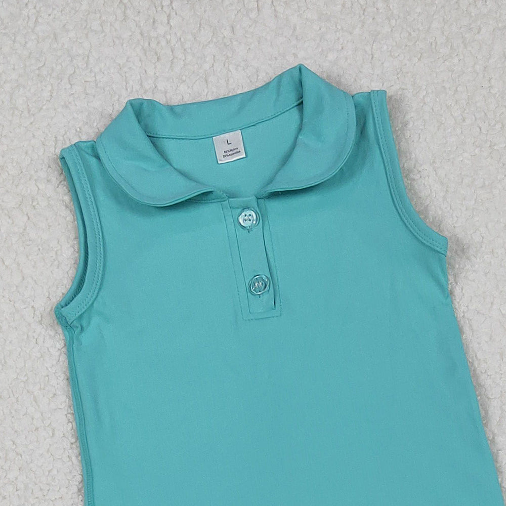 RTS NO MOQ (In stock)GSD2349 Baby Girls Yoga Outfits Aqua Sleeveless Button Top Skirt Yoga Sets