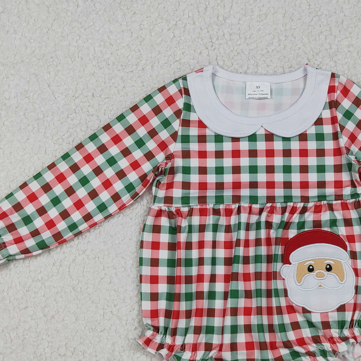 10.11 RTS NO MOQ (In stock)LR2357 Baby Girls Winter Rompers Embroidery Santa Baby Girls Red Green Checked Ruffle Collar Rompers
