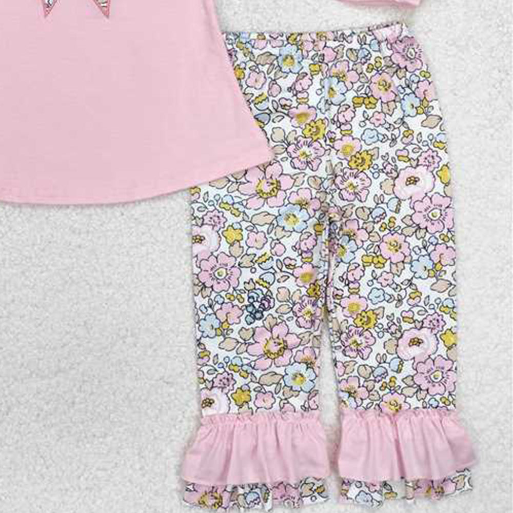 4.14 GLP1836 RTS NO MOQ Pink bow tunic floral ruffle pants girls clothing set