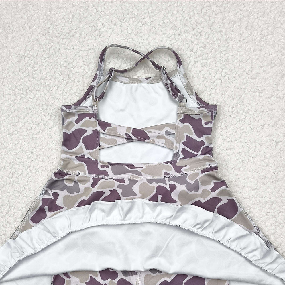 6.16 GSD2312 RTS NO MOQ Baby Girls Summer Yoga Dress Baby Girls Strap Purple Camo Yoga Ruffle Knee Length Dresses
