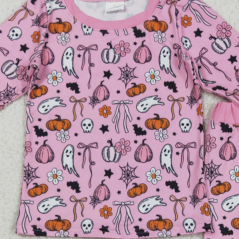 8.22 RTS NO MOQ (In stock)GLP2567 Baby Girls Winter Outfits Baby Girls Halloween Pink Ghost Pumpkins Top Pant Pajamas Sets