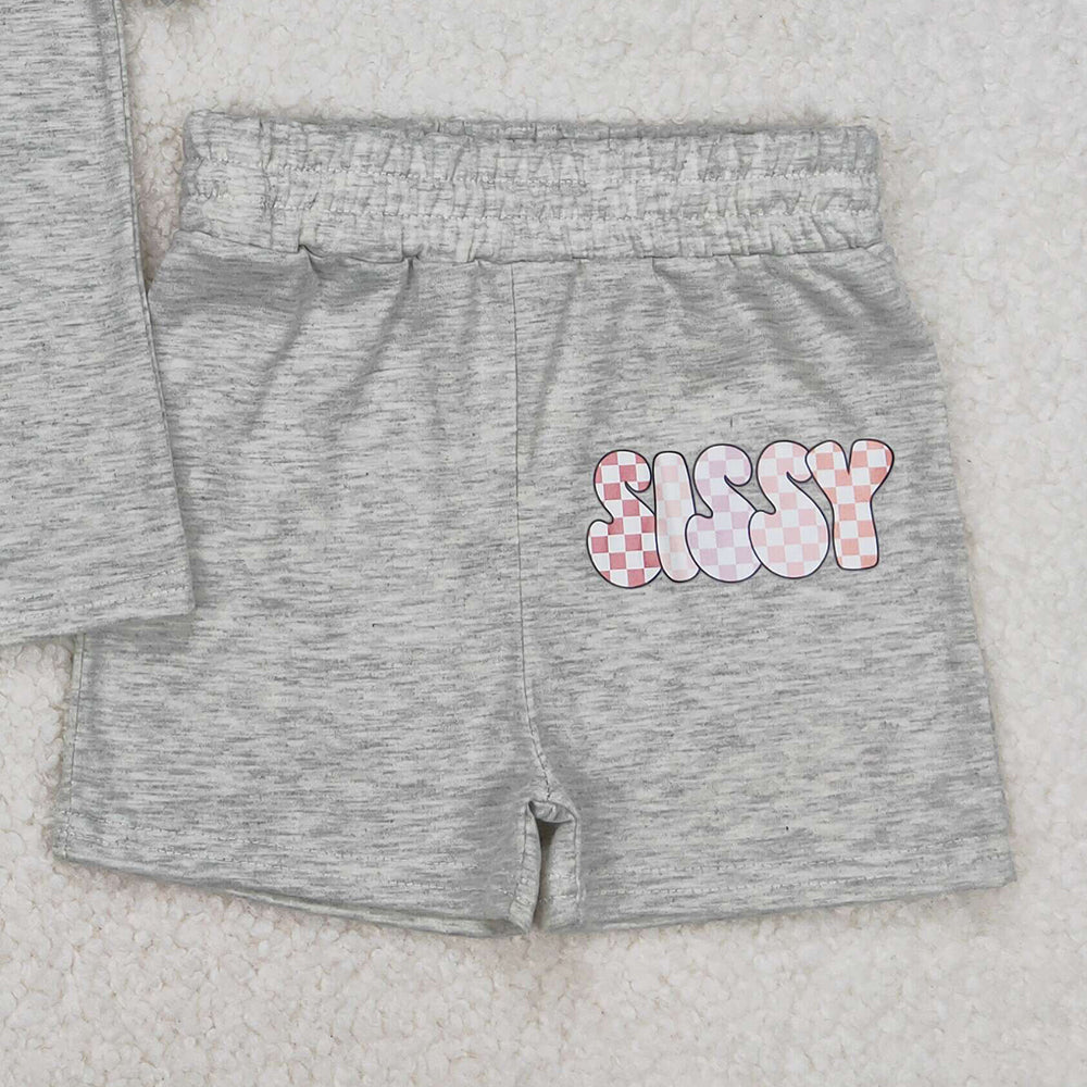 6.03 GSSO2135 New Rts No Moq 8-9 Days By Air Arrived it Grey short sleeves plaid sissy top shorts kids girls clothes