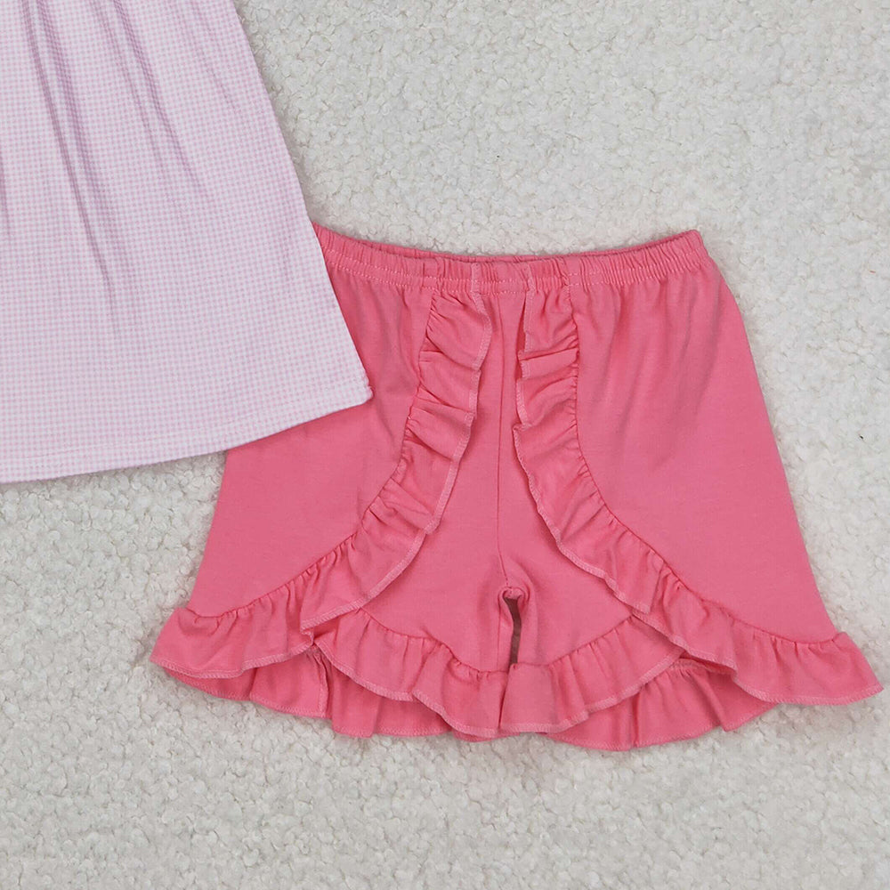 6.13 GSSO2125 RTS NO MOQ Baby Girls Summer Outfits Baby Girls Pink Flutter Sleeves Dresses Tunic Ruffle Shorts Set