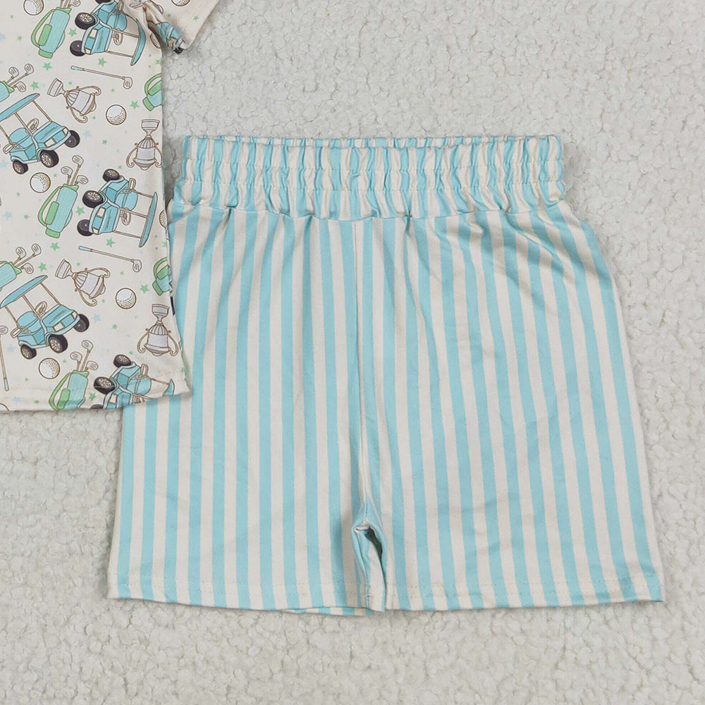 GSSO2614 RTS NO MOQ Baby Girls Summer Outfits Baby Girls Short Sleeves Golf Top Blue Stripes Short Pajamas Set
