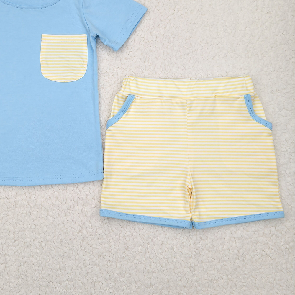 4.11 BSSO1393 RTS NO MOQ Baby Boys Summer Boys Outfits Baby Boys Blue Short Sleeves Pocket Top Yellow Stripe Pockets Short Set