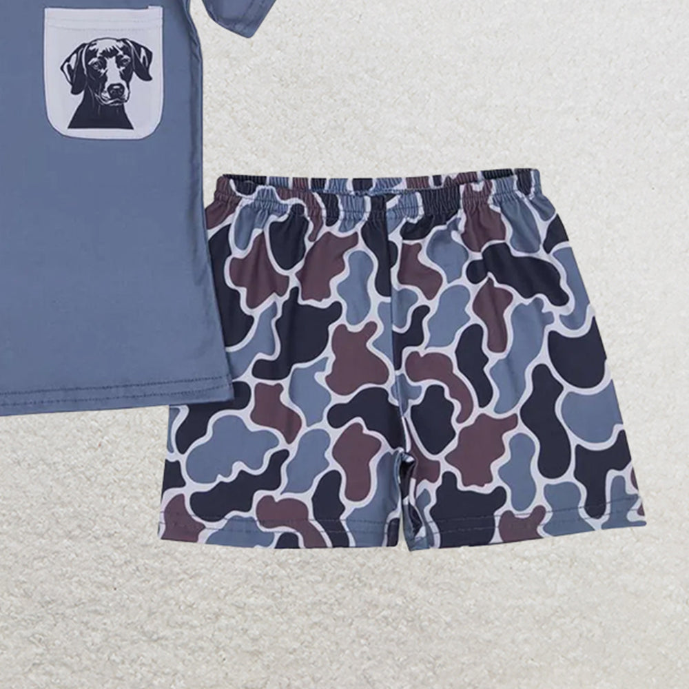 USA Shop (in stock) BSSO0304 Baby Boys Summer Boys Outfits Baby Boys Hot Blue Short Sleeves Dog Pocket Top Camo Short Western Set