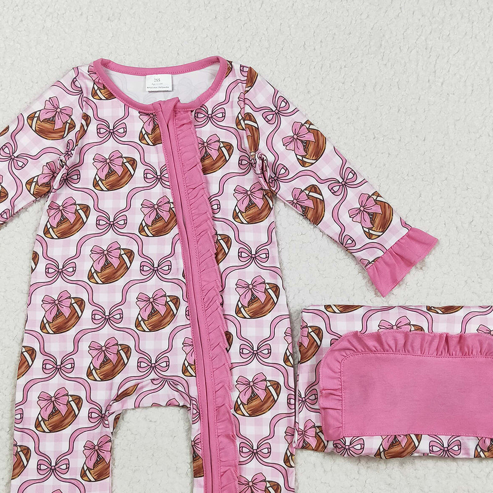 RTS NO MOQ (In stock)LR2361 Baby Girls Winter Rompers Baby Girls Pink Bows Footballs Ruffle Zipper Footie Rompers