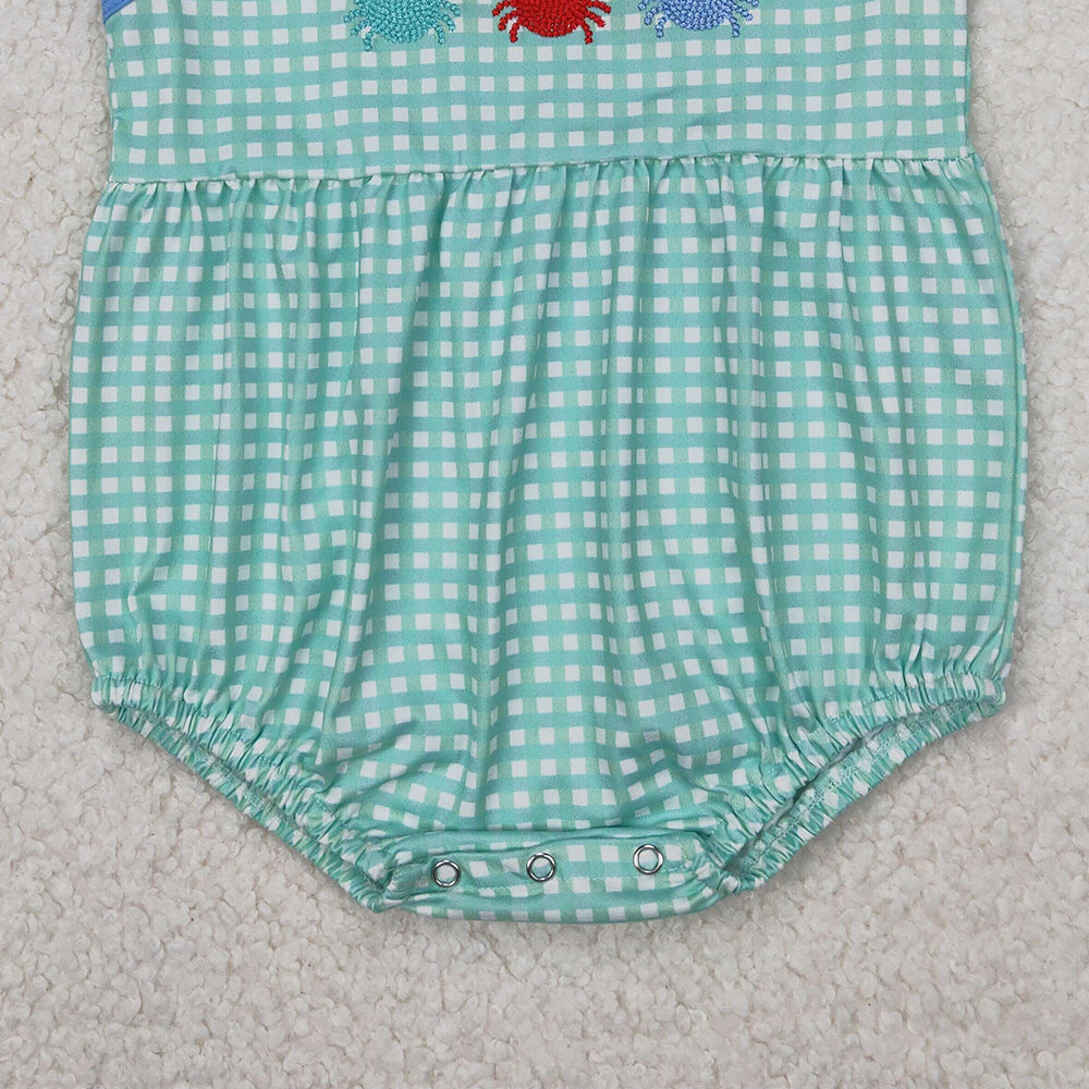 4.10 SR2660 RTS NO MOQ Baby Boys Summer Romper Baby Boys Aqua Plaid Sleeveless Crabs Rompers