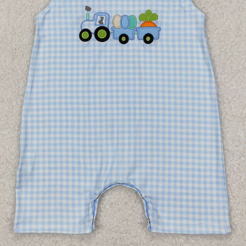 6.24 SR2402 RTS NO MOQ Sleeveless plaid eggs tractor baby boy Easter romper