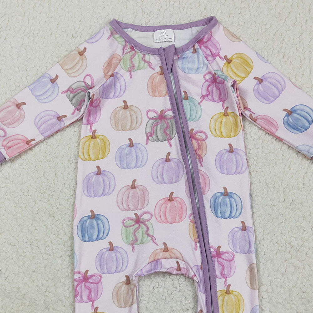 8.21 RTS NO MOQ (In stock)LR2442 Baby Girls Winter Rompers Baby Girls Colorful Bows Pumpkins Fall Zipper Footie Rompers