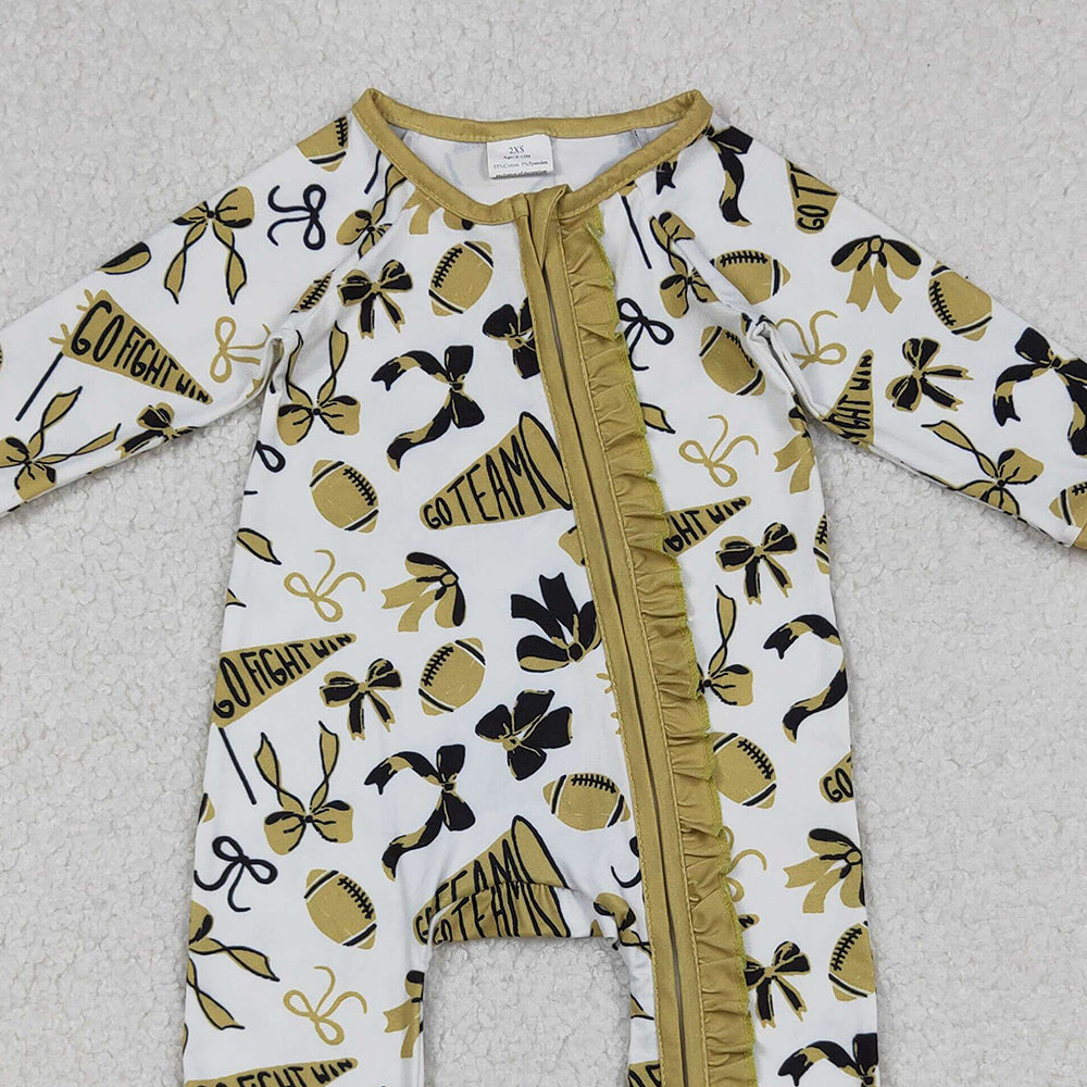 RTS NO MOQ (In stock)LR2515 Baby Girls Winter Rompers Golden Bows Footballs Ruffle Zipper Team Rompers