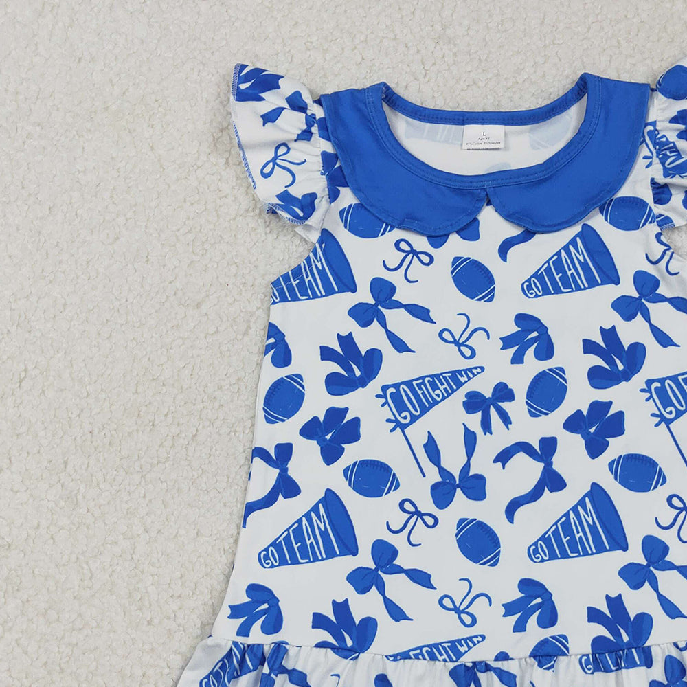RTS NO MOQ (In stock)GSD2782 Baby Girls Summer Dress Knee-Length Dress with Blue Cheer Bows And Flutter Sleeves Team Color Options