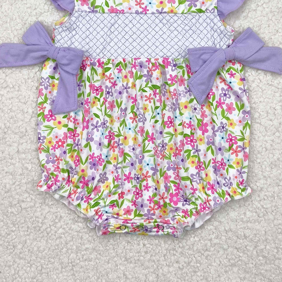 4.23 SR2928 RTS NO MOQ Baby Girls Summer Rompers Embroidery Baby Infant Girls Lavender Flutter Sleeves Floral Bows Top Ruffle Rompers