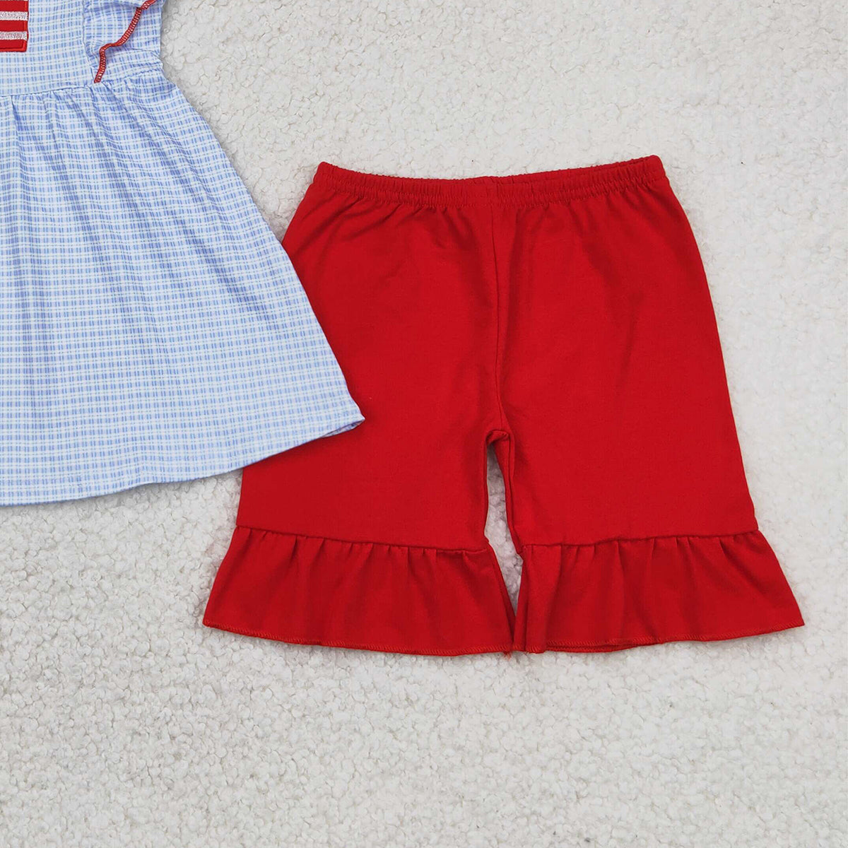 6.21 GSSO2238 RTS NO MOQ Baby Girls Summer Outfits Embroidery Baby Girls Blue Checkered Flag Tunic Top Ruffle Shorts Clothes Sets