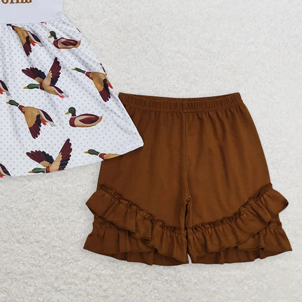 GSSO0807RTS NO MOQ Baby Girls Summer Outfits Daddy's girl embroidered letter duck suspenders brown shorts suit