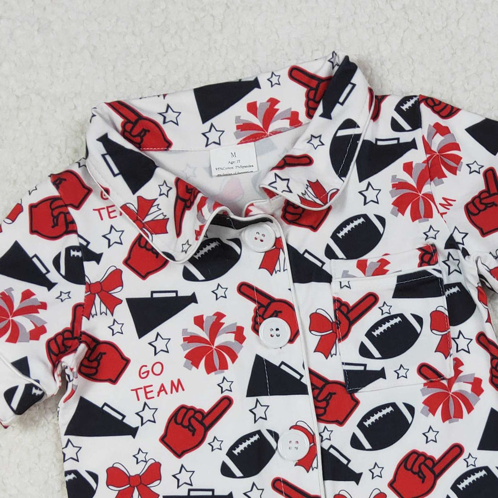 RTS NO MOQ (In stock)GSSO2674 Baby Girls Winter Outfits Team Black Stars Football Button Top Shorts Pajamas Sets