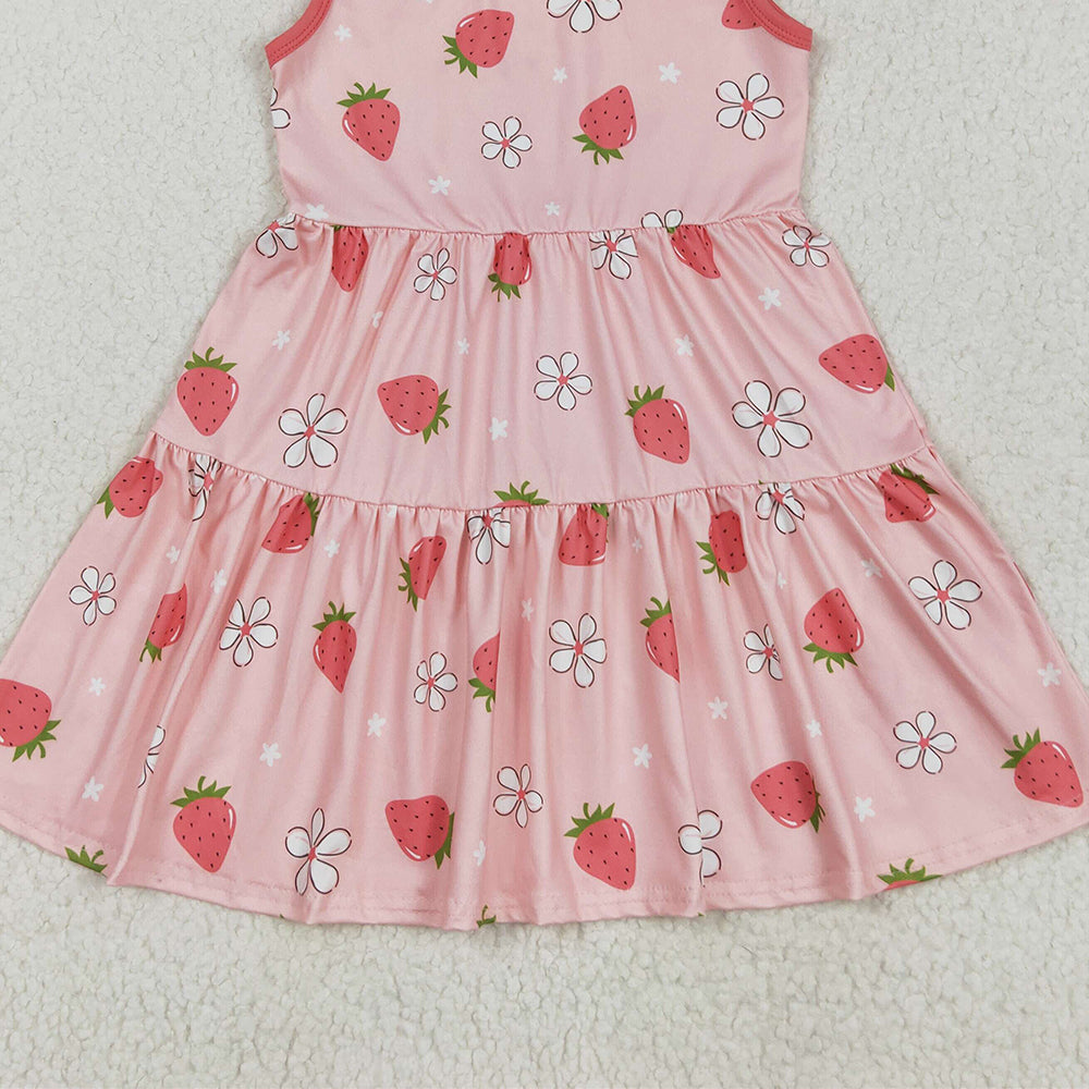 GSD2159RTS NO MOQ Baby Girls Summer Dress Strawberry Floral Patchwork Dress Sleeveless for Baby Girls Cute Print Summer Casual Wear for Little Girls