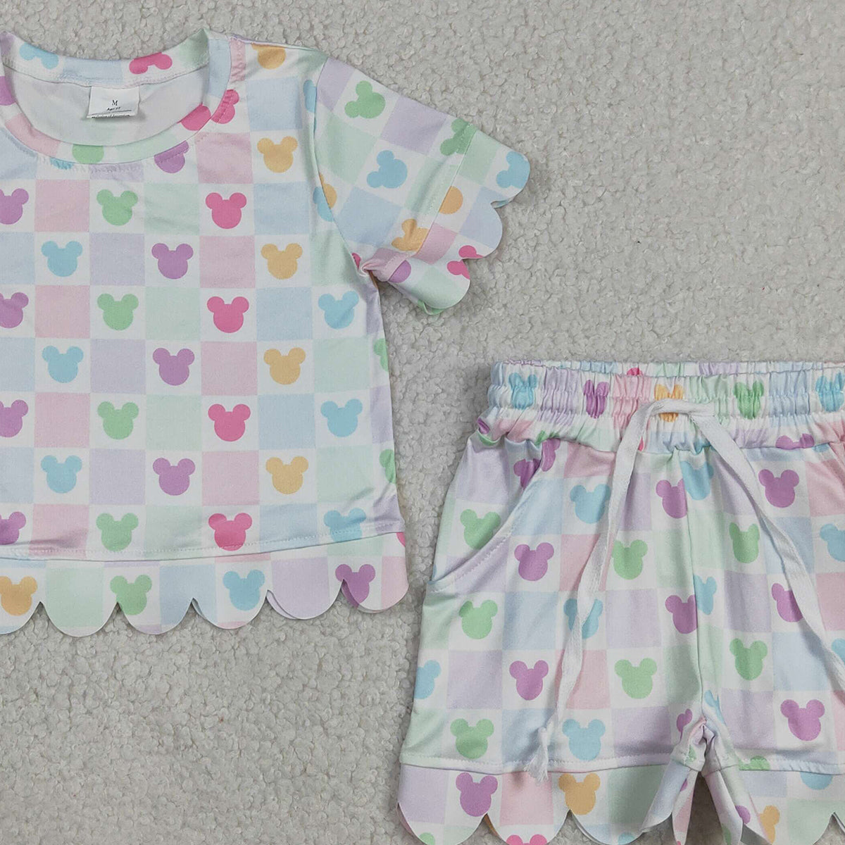 GSSO3496 RTS NO MOQ (In stock )Short sleeves colorful plaid mouse scallop top shorts girls outfits