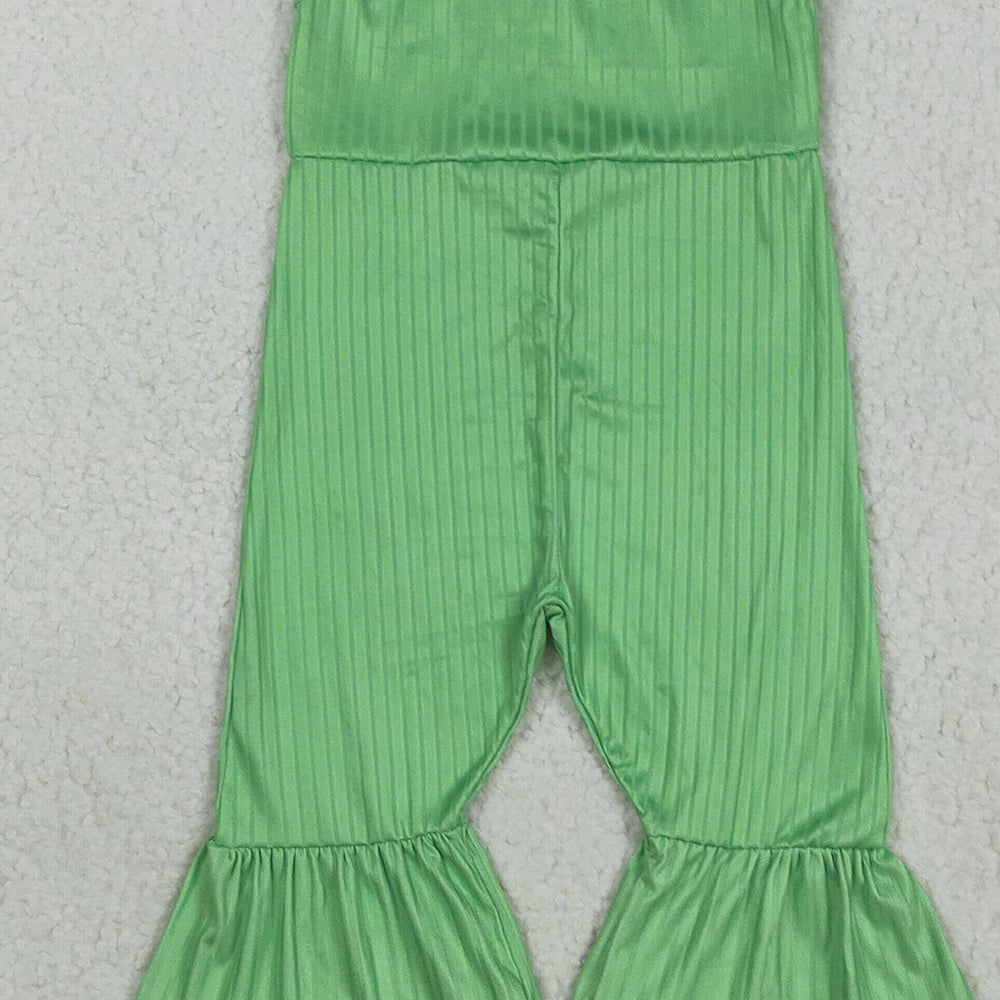 RTS NO MOQ (In stock)SR3160 Baby Girls Summer Jumpsuits Baby Girls Green Strap Bell Bottom Ribbed Jumpsuits