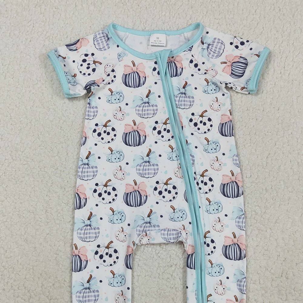 RTS NO MOQ (In stock)SR3109 Baby Girls Winter Rompers Baby Infant Girls Blue Bows Pumpkins Fall Zipper Footie Rompers