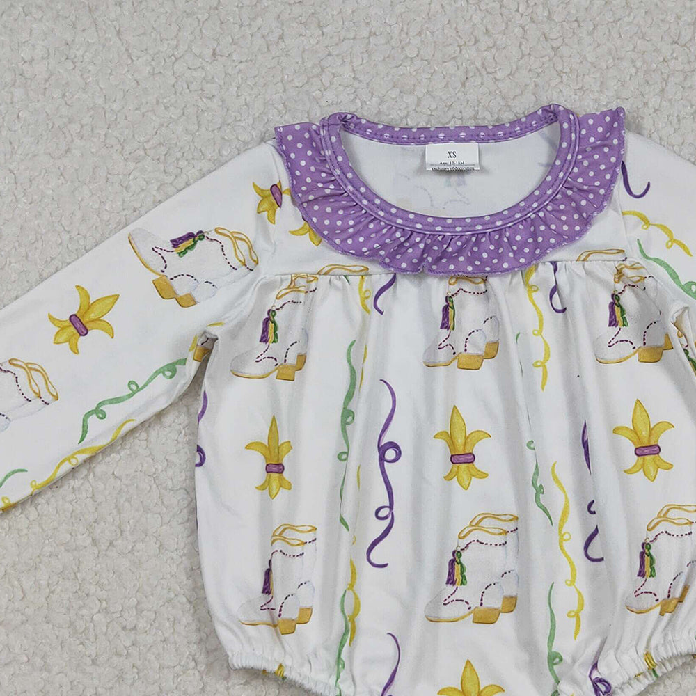9.29 RTS NO MOQ (In stock)LR2042 Baby Girls Winter Rompers Baby Infant Girls Mardigras Anchors Boots Stripe Ruffle Rompers