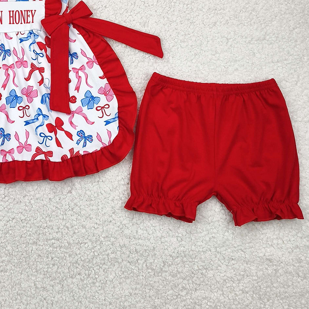 5.17 GSSO2538 RTS NO MOQ Baby Girls Summer Outfits Baby Girls American Honey Red Blue Bows Tunic Ruffle Short 4th Of July Set