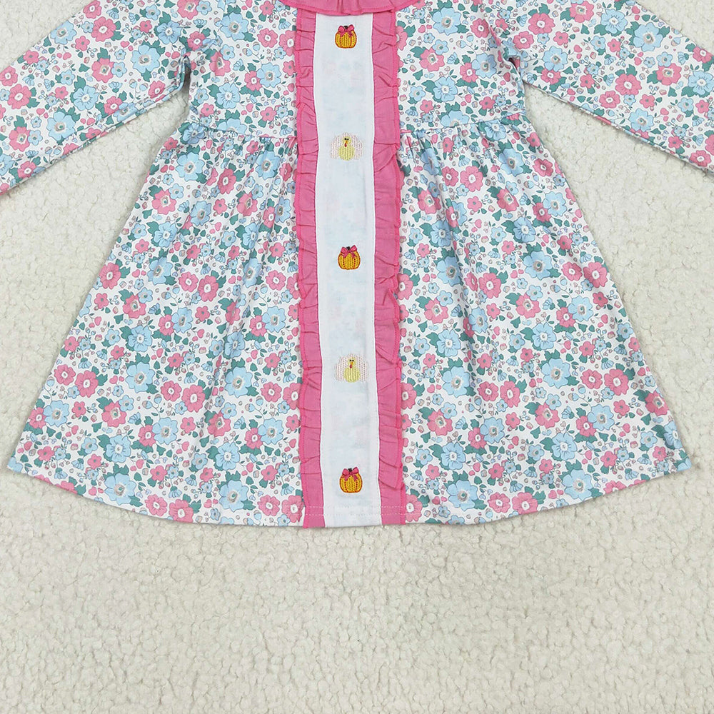 7.10 GLD1053 RTS NO MOQ Baby Girls Dress Embroidery Baby Girls Long Ruffle Sleeves Floral Turkey Pumpkins Knee Length Dresses
