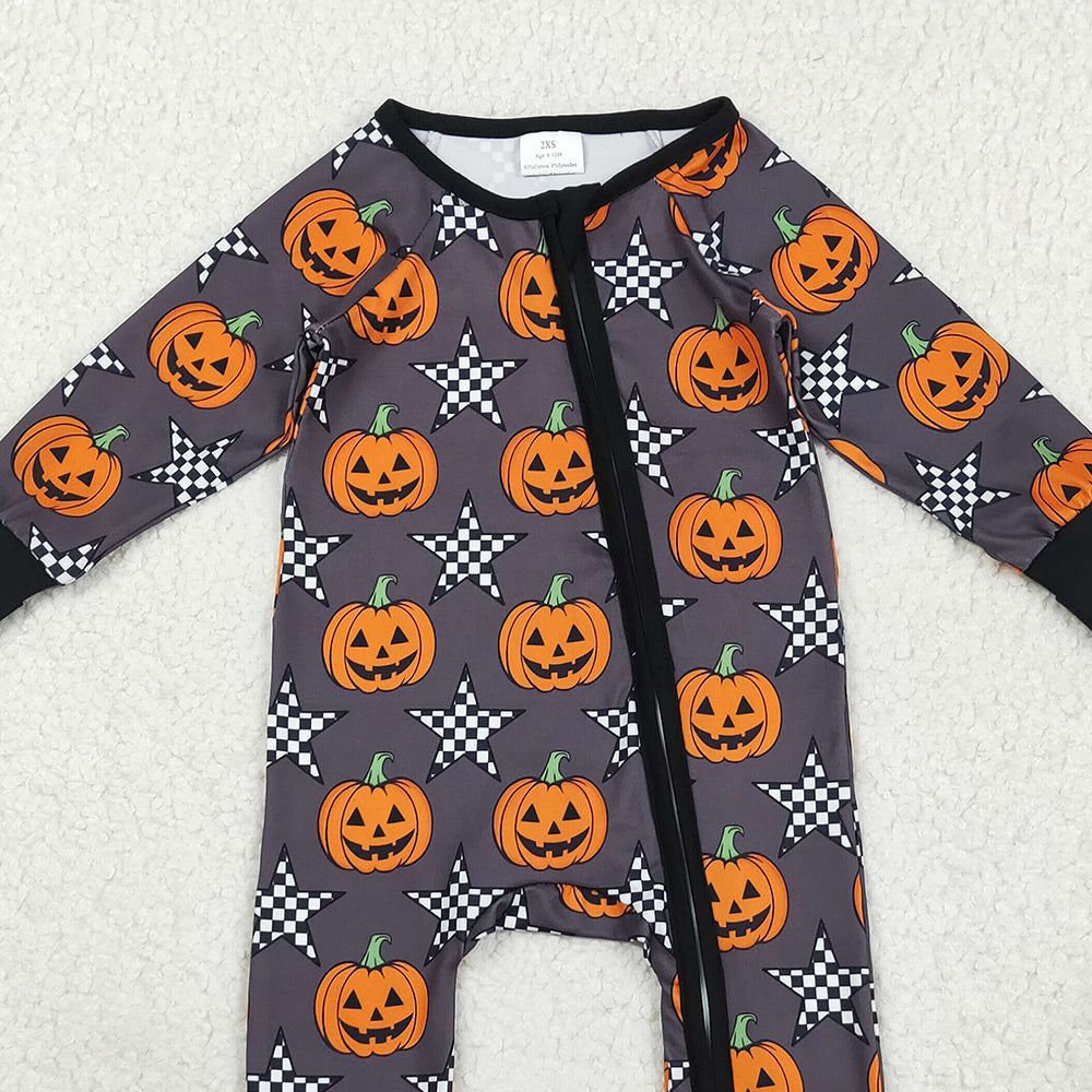 RTS NO MOQ (In stock)LR2464 Baby Boys Winter Rompers Baby Boys Halloween Stars Pumpkins Zipper Footie Rompers