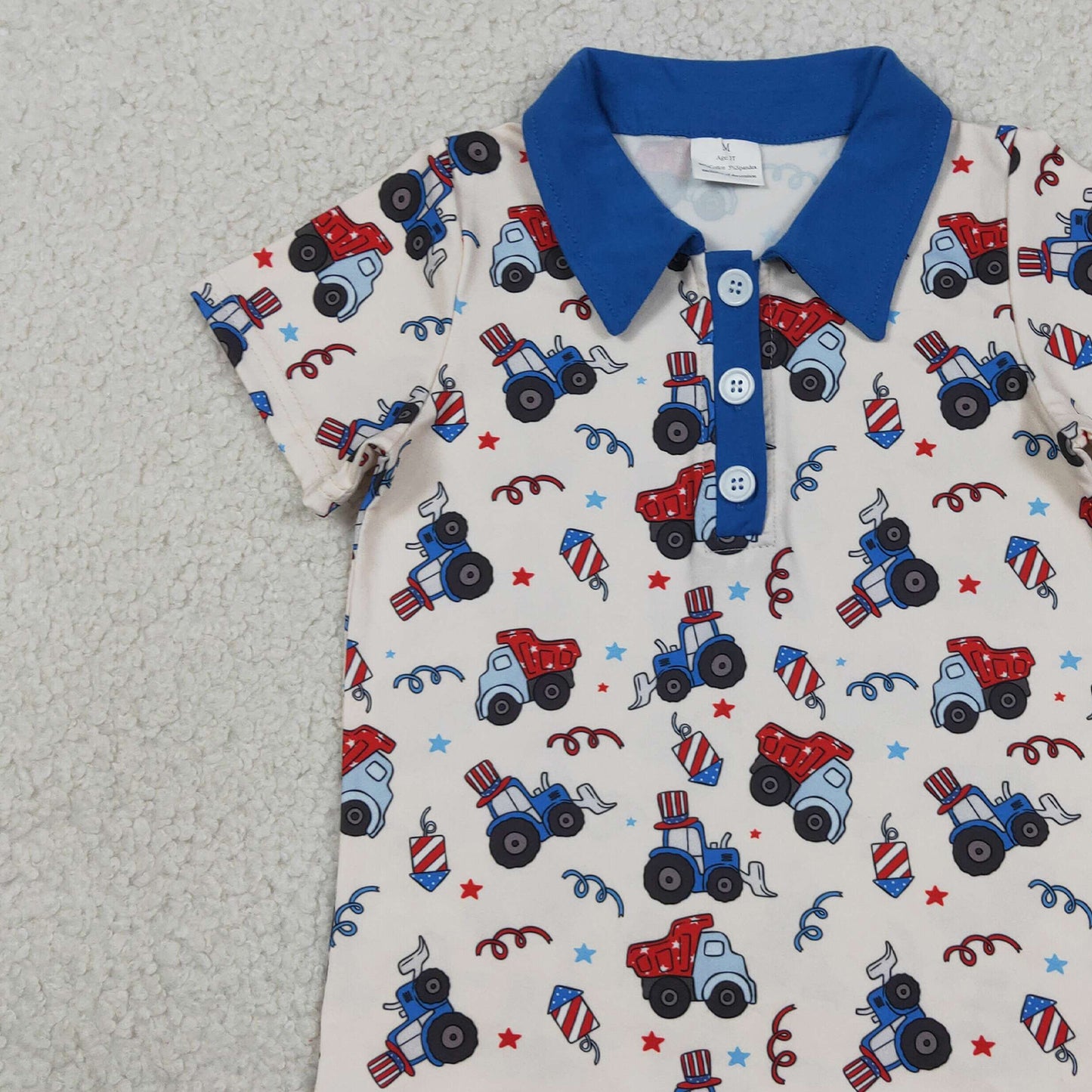 BT1163 RTS NO MOQ (In stock )Blue short sleeves tractor kids boys 4th of july polo shirt