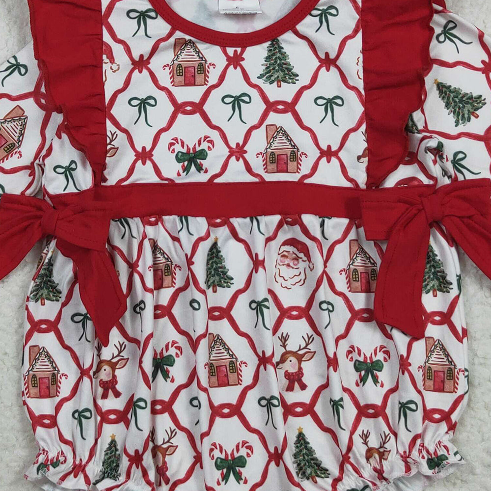 RTS NO MOQ (In stock)LR2352 Baby Girls Winter Rompers Baby Girls Christmas Trees Bows Ruffle Rompers