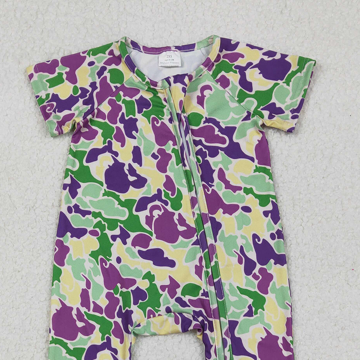 10.22 RTS NO MOQ (In stock)SR3211 Baby Boys Winter Rompers Baby Boys Mardigras Camo Short Sleeve Zipper Footie Rompers