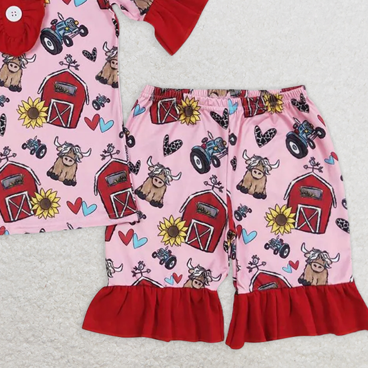 GSSO0932 RTS NO MOQ Baby Girls Pajamas Outfits Short sleeves cows sunflower farm girls summer pajamas