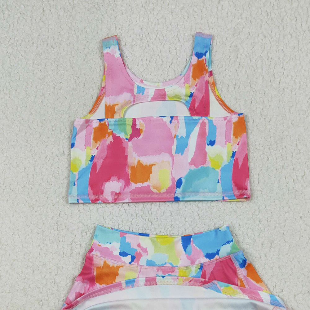 8.15 GSD2625 RTS NO MOQ Baby Girls Yoga Outfits Baby Girls Sleeveless Watercolor Camo Vest Top Short Skirts Yoga Set