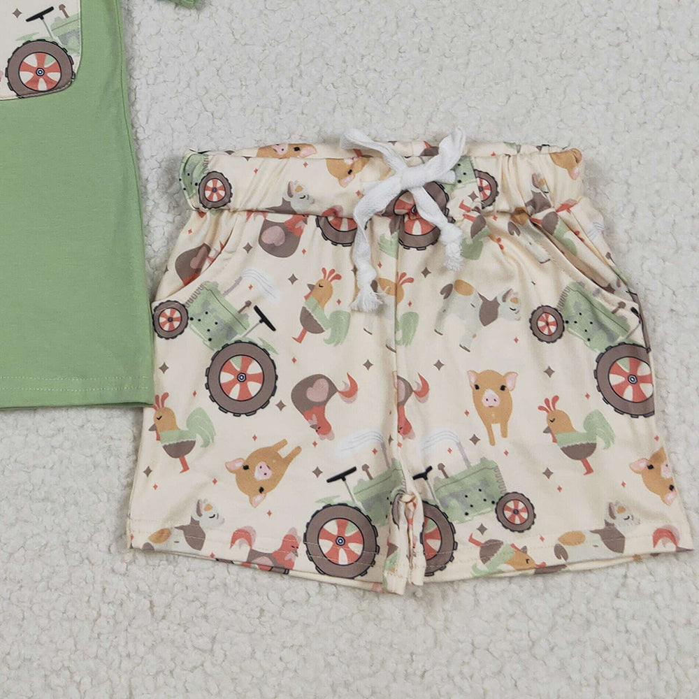 7.14 BSSO1460RTS NO MOQ Baby Boys Summer Boys Outfits Baby Boys Pocket Top Chicks Pigs Short Farm Set